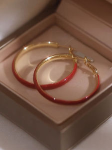 Red Large Circle Simple Ring Earrings Luxury Small Audience Design High-End Sensation Earring Accessories New Hot Silver Needle
