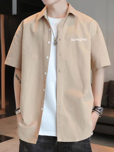 Trendy Ice Silk Short Sleeve Mens Shirt Casual Loose Fit Printed Cotton Summer Fashion Brand Spring Morning Sharp Collar