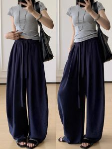 Quần Ống Rộng Bằng Vải Lanh Màu Xanh Lam Cho Nữ Mùa Hè 2025 Quần Dài Cạp Cao Ống Thẳng Rộng Rãi Thoải Mái