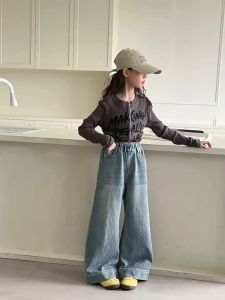 5-16Y Jeans for Kids Girl Embroidery Trousers Loose Wide-leg Pants for Kids Girl Maong Pants for Kids