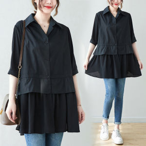 Áo Sơ Mi Rộng Rãi Tay Ngắn Nối Dài Thời Trang Mùa Hè Cỡ Lớn Cho Nữ Áo Sơ Mi Hai Mảnh Giả Dáng Dài Vừa Phải