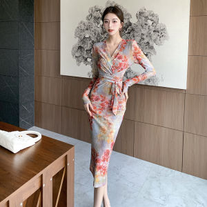 Impression Fashion Store Women Elegant V-neck Floral Net Yarn Long Sleeve High Waist Bodycon Midi Pencil Dress