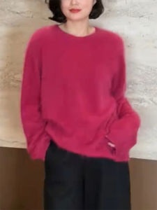 QINGNAER | Magenta Lazy Soft Round Neck Long Sleeve Loose Knit Sweater