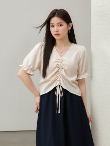 Sweet And Spicy V-Neck plus Size Shirt Womens Korean Style Summer Slimming Top Meat Concealing Fashionable Casual Cotton Blend