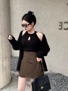 Plus Size Womens Clothing Elegant Graceful Slightly Oversized Girls Knitting Cardigan Sweater Outwear Camisole Waist-Tight Leather Skirt Three-Piece Suit