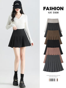Black Woolen Mini Skirt Womens A-Line Slimming JK Short Half-length Spring Autumn Winter Meat Covering High Waist Pleated Skirt