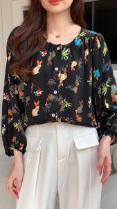 Bebovizi High Quality Fabrics Black Fashion Thailand 3/4 Sleeve Round Neck Blouse for Women