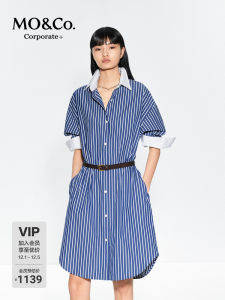 C+ Series MOCO Shirt Dress Stand Collar Striped with Belt Nautical Style Womens Casual Summer Cotton Long Sleeve Dress