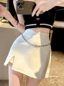 GUZILIAN | Elegant High-Waist Suit Skirt Pants Womens Fashion Summer Chain Design Slimming Half-Length Asymmetrical Slit Bodycon Skirt