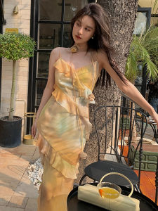 ชุดเดรสยาวคอวีแขนกุดผ้าชีฟองสไตล์เกาหลีสำหรับฤดูร้อนปี 2023 กระโปรงทรงเอเอวสูง กระโปรงยาวคลุมเข่า ชุดทำงาน