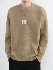 HENGYUANXIANG | เสื้อสเวตเตอร์ถักชายคอปกสีกลางหนาป้องกันขนหยัก อบอุ่น ฤดูใบไม้ร่วง/ฤดูหนาว เสื้อสเวตเตอร์ถักคอปกกลมแบบลำลองสำหรับผู้ชาย