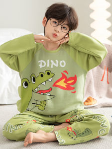 Cartoon Dinosaur Boys Sleepwear Pure Cotton round Neck Long Sleeve Childrens Spring Autumn Casual Loose Home Clothes Set