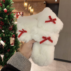 XUANXUAN | ผ้าพันคอขนแกะสุดน่ารักสำหรับผู้หญิงในฤดูหนาว ผ้าพันคอแบบยาวทรงสี่เหลี่ยม ผ้าโพลีเอสเตอร์ ผ้าไหมสไตล์เกาหลี สีพื้น ผูกโบว์ 83 ซม.