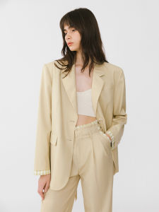Relaxed Fit Plaid Splice Cuff Back Split Design Blazer