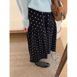 Korean Style Retro Heart Polka Dot Elastic Waist Skirt Fall and Winter High Waist Slim Looking Thick Mid-Length A- Line Umbrella Skirt