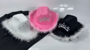 Topi Koboy  Payet Wanita /Topi Koboi Barat /Topi Cowgirl Pink untuk Wanita Anak Perempuan Topi Cowgirl Tiara Topi Pesta Kostum Liburan Topi Fedora Tepi Bulu