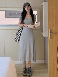 Gray Square Collar Short Sleeve Dress Women Summer Slim Fit A-Line Long Dress Waist-Cinching Cotton Soft Ins Style Casual Dress
