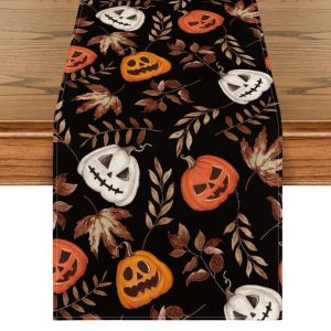 VIKAMA Halloween Fall Table Runner Jack O Lantern Pumpkin Maple Leaf Foliage Dining Table Home Farmhouse Holiday Party Decor