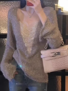 YUEZHONGWEI | French V-neck Sparkling Patchwork Sweater