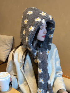 Korean Style Floral Plush Hat Scarf One-Piece Thick Warm Overhead Womens Winter Ear Protection Cold Proof Hooded Neck Warmer