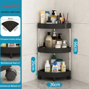 3 Tier Shelf Bathroom Shelf Organizer Movable Universal Wheels Space Saving Corner Triangle Small Shelf Stand for Bathroom