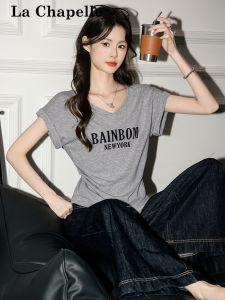 Áo Thun Nữ Cổ Chữ V Tay Ngắn La Chapelle American Design Letter Print Quần Áo Công Sở Màu Trơn Đơn Giản Thường Ngày