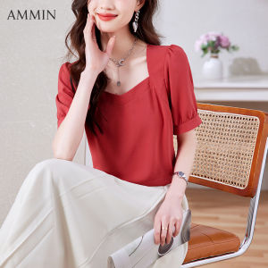 Ammin tính khí thời trang phong cách Hàn Quốc cổ áo vuông thường ngày ngắn tay đi lại áo cánh vải voan cho phụ nữ 2023 mùa hè mới bong bóng tay áo nhìn mỏng ngọn ngọt ngào