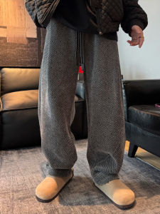 กางเกงขายาวทรงหลวมขากว้างผ้าขนแกะฤดูใบไม้ร่วง/ฤดูหนาวสำหรับผู้ชาย กางเกงขายาวทรงตรงทรงหลวมเข้ารูป ทรงหลวม กางเกงขายาวทรงตรง