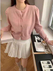 Pink Knitted Short Cardigan Womens Early Autumn 2025 New Gentle Style Slim Fit Outerwear Soft Long Sleeve Button up Sweater