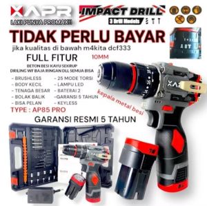 APR MESIN BOR CORDLESS BRUSHLESS IMPACT DRILL AP85 PRO 2BATERAI FULLSET ACCECORIS DLL