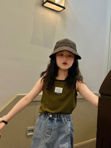 Stylish Military Green Vest for Girls Trendy Summer Childrens Clothing Small Backless Top Suitable for Ages 4 to 12