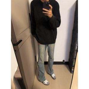 กางเกงยีนส์ทรงตรงเอวกลางทรงหลวมสำหรับผู้ชาย สไตล์สตรีทอเมริกัน กางเกงขายาวทรงขากระบอกเล็กสำหรับผู้ชาย สไตล์ย้อนยุค สีน้ำเงิน