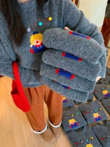 Korean Style Christmas Clown Embroidery Soft Sweater Womens Winter Lazy Style Anti-Aging Overhead Warm Knitted Top