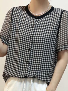 Áo Sơ Mi Kẻ Caro Tay Ngắn Cổ Tròn Thời Trang Mùa Hè Đa Năng Màu Khối Phong Cách Hàn Quốc Đơn Giản Thanh Lịch Áo Thun Ngắn