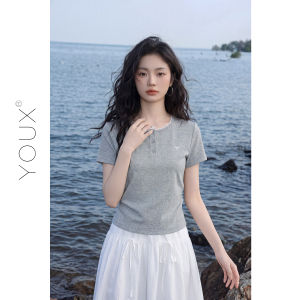 YOUXIANG | Áo Thun Tay Ngắn Màu Xám Viền Ren