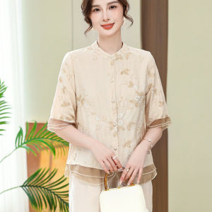 Ladies Loose Cotton Linen Embroidered Shirt Mid-Sleeve Vintage Style Fashionable Youthful Summer New Arrival Top