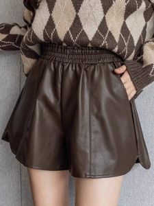 1.00 Kg-150.00 kg Casual Shorts Womens Spring and Autumn Outer Wear Elastic Waist High Waist Slim Looking A- line Wide Leg PU Leather Pants Base Bootcuts