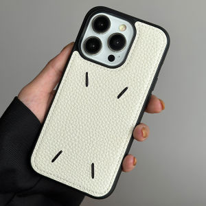 CrashStar Minimalist Black Leather White Thread Fashion Shockproof Phone Case For iPhone 15 14 13 12 11 Pro Max Mini XS XR X 8 7 Plus + SE 2020 Simple Phone Casing Cover Shell