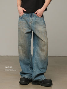 Retro American Washed Blue Mens Jeans Casual Loose Wide Leg Straight Cut Spring Fashion Cotton Polyester Blend Wear Resistant