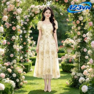 Đầm Ren Lưới Thêu Kim Sa Cao Cấp Cổ Vuông Tay Ngắn Dáng Xòe Thanh Lịch Sang Trọng