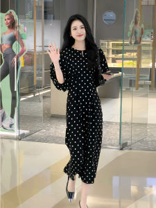 Black Polka Dot Dress Elegant High Waist Knee-Length Tea Break Skirt A-Line Midi Dress Korean Style Summer New Arrival