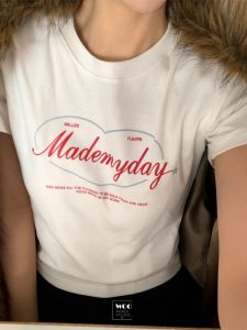 Korean Style Simple Versatile Love Heart Print Short Sleeve Slim Fit T-Shirt Top Commute round Neck Short Length Regular Thickness