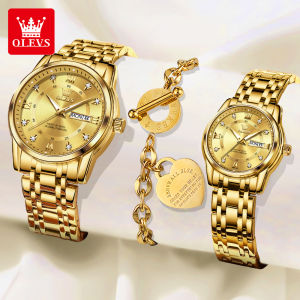 OLEVS นาฬิกาคู่ของแท้นาฬิกาแฟชั่นสเตอริโอหน้าปัดเพชรปฏิทินคู่เรืองแสงสำหรับคู่รักแถมฟรีสร้อยข้อมือรูปหัวใจและถุงกระดาษ Levs