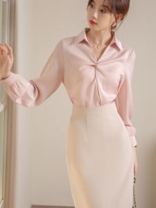 Career Womens Interview Suit Set Spring Autumn High Waist Formal Skirt Long Sleeve Polo Collar Commute Workwear Pure Color