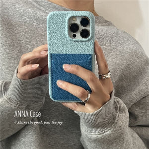 AnnaCase Premium Light Blue And Dark Blue Gradient Card Holder with Lychee Pattern Leather Phone Case for  17 pro Max