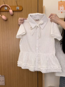 Sweet French Style Short Sleeve Polo Shirt with Bow Tie Butterfly Knot And Pleated Hem for Women Korean Style Slim Fit Cotton Shirt