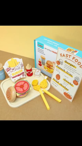 KABI My Little Hamburger Set Wooden Fast Food Pretend Play Set Fries Burger Drinks Chicken & Tray