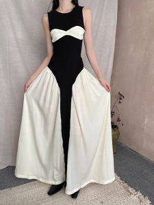 Slimming Effect Chinese Style Color Block Design Strapless Long Dress without Sleeve New Autumn Season Womens Fashion Dress