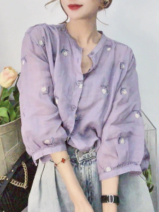 QINGNAER | Retro Printed Loose Plus Size Button Down Shirt