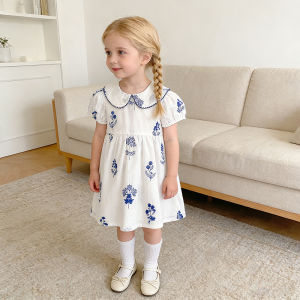 Summer New Style 2-6Y Girl Dress Short Sleeve Baby Clothes Childrens Dress Korean Embroidered Girls Retro Sister Dress